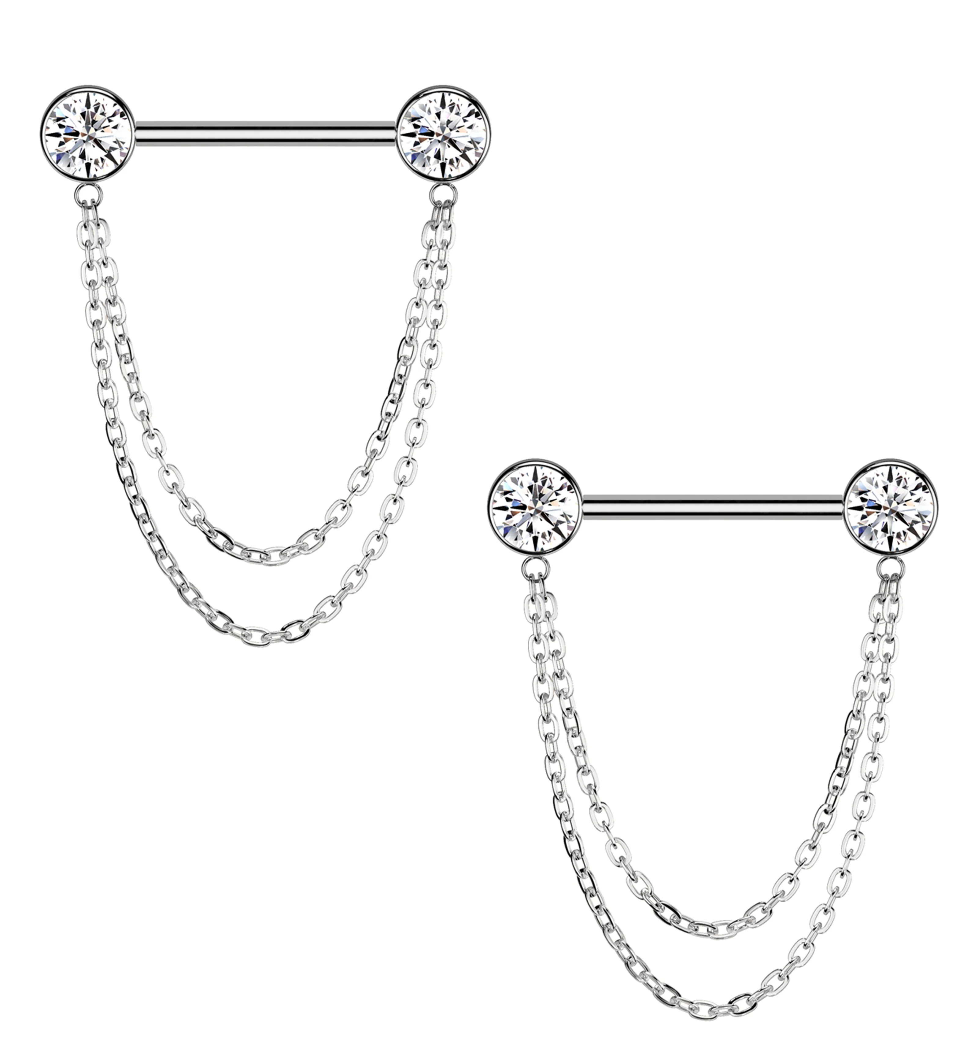 Front Facing Clear CZ Double Dangle Threadless Titanium Nipple Barbell - Mrs Treak