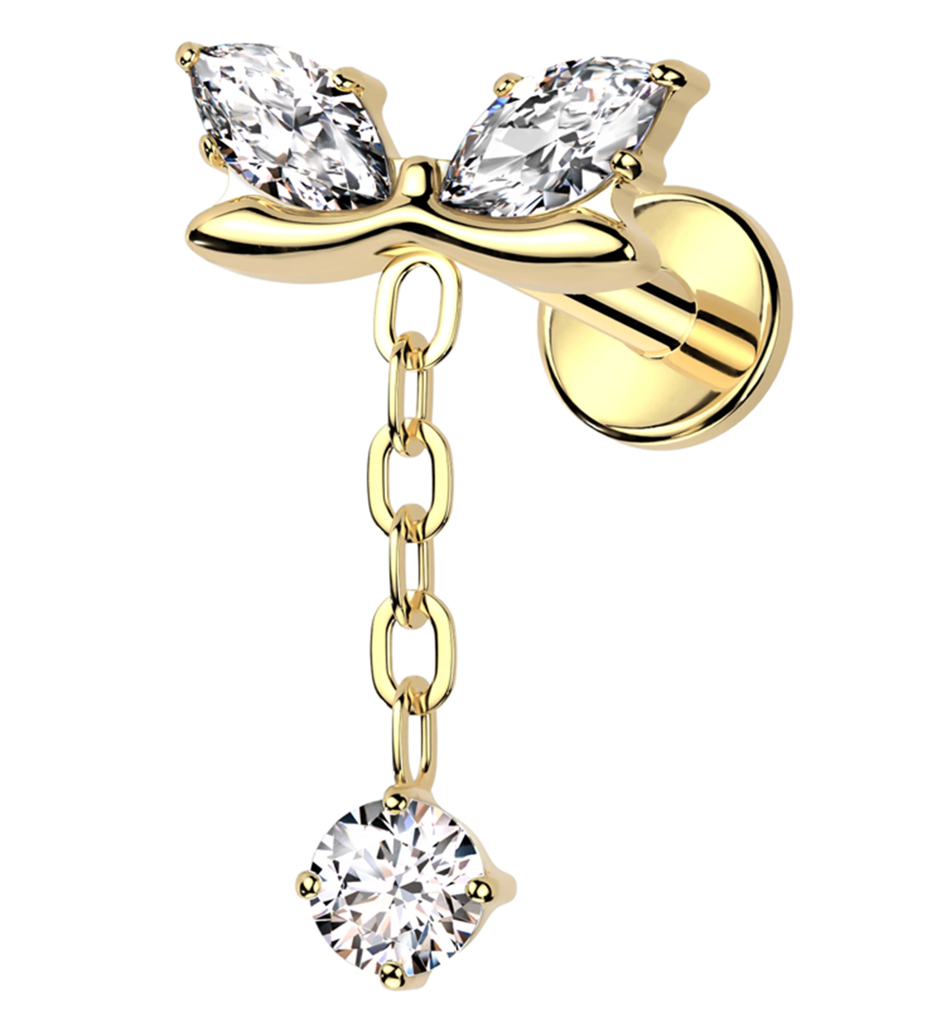 Gold PVD Marquise Bow Clear CZ Dangle Internally Threaded Titanium Labret Post - Mrs Treak