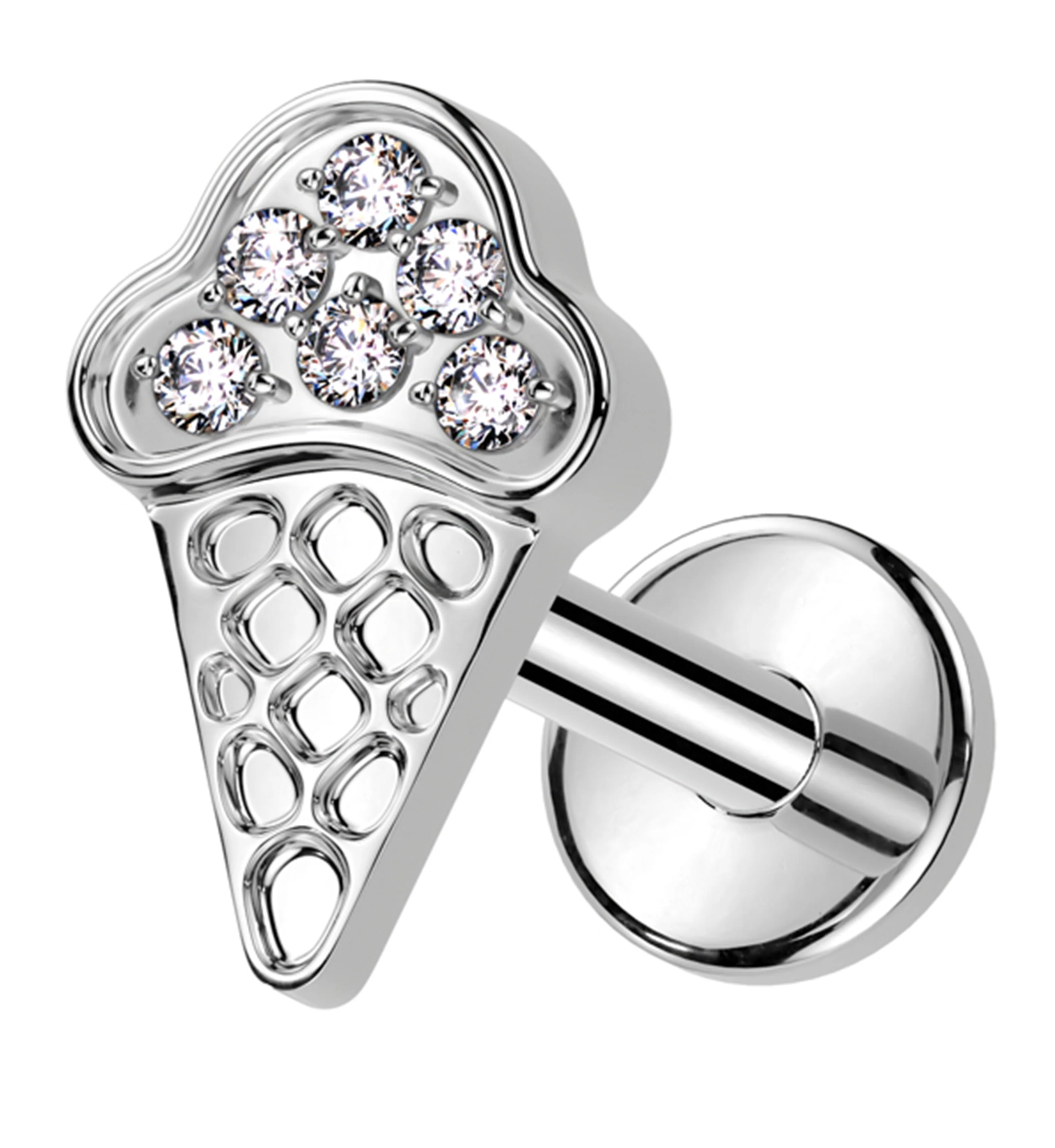 Ice Cream Cone Clear CZ Internally Threaded Titanium Labret Post - Mrs Treak