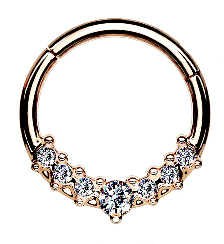 Radiant Rose Gold PVD Cluster Bead CZ Hinged Segment Hoop Ring - Mrs Treak