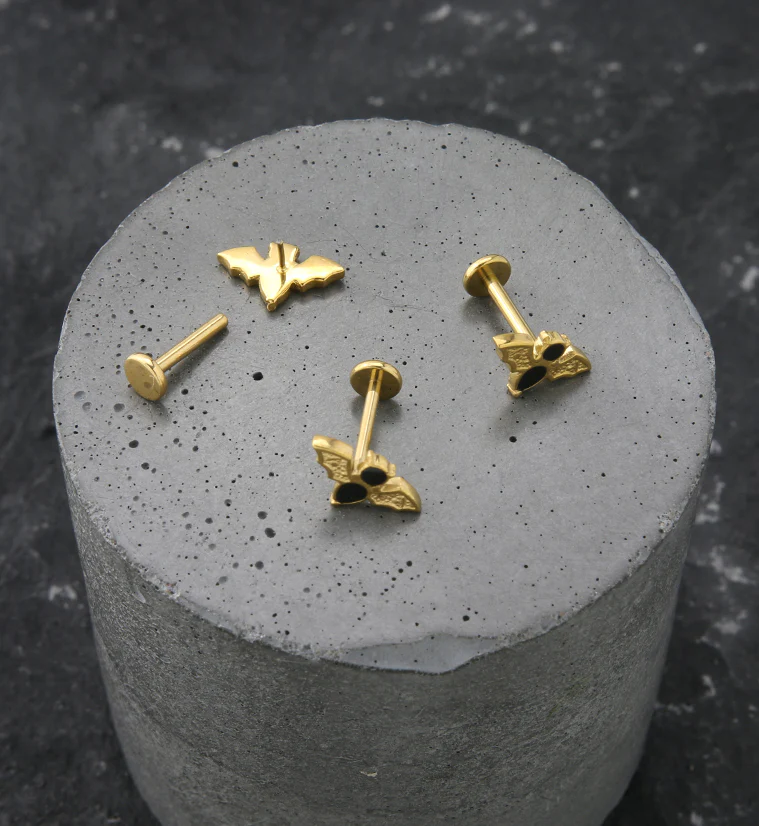 Gold PVD Black Bat Titanium Threadless Labret - Mrs Treak