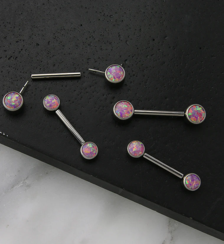 Dual Bezel Pink Opalite Titanium Threadless Nipple Ring Barbell - Mrs Treak