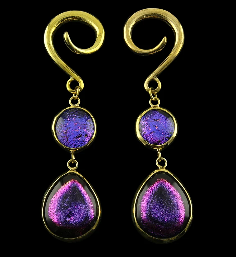 Iridescent Purple Double Teardrop Dichroic Glass Brass Ear Weights - Mrs Treak