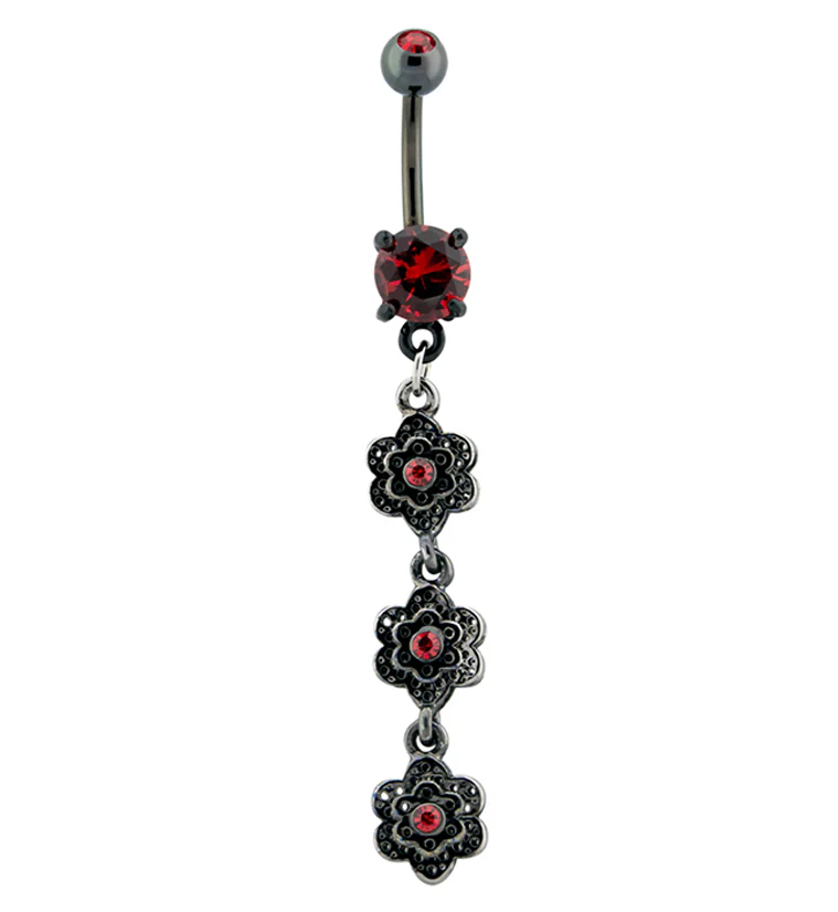 Black PVD Red Flowers Dangle Belly Button Ring - Mrs Treak
