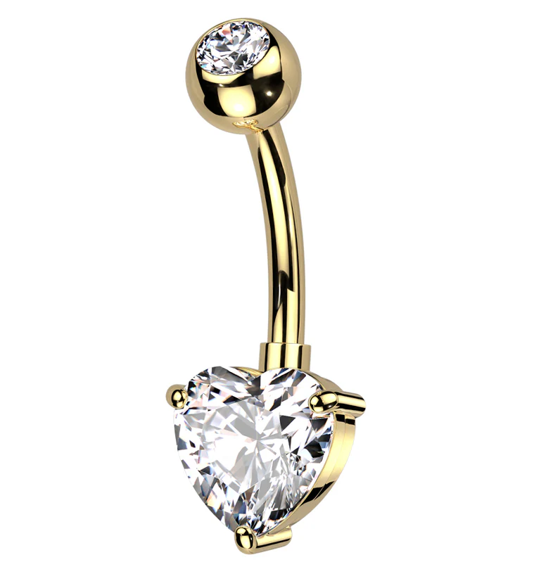 Gold PVD Heart Prong Clear CZ Titanium Belly Button Ring - Mrs Treak