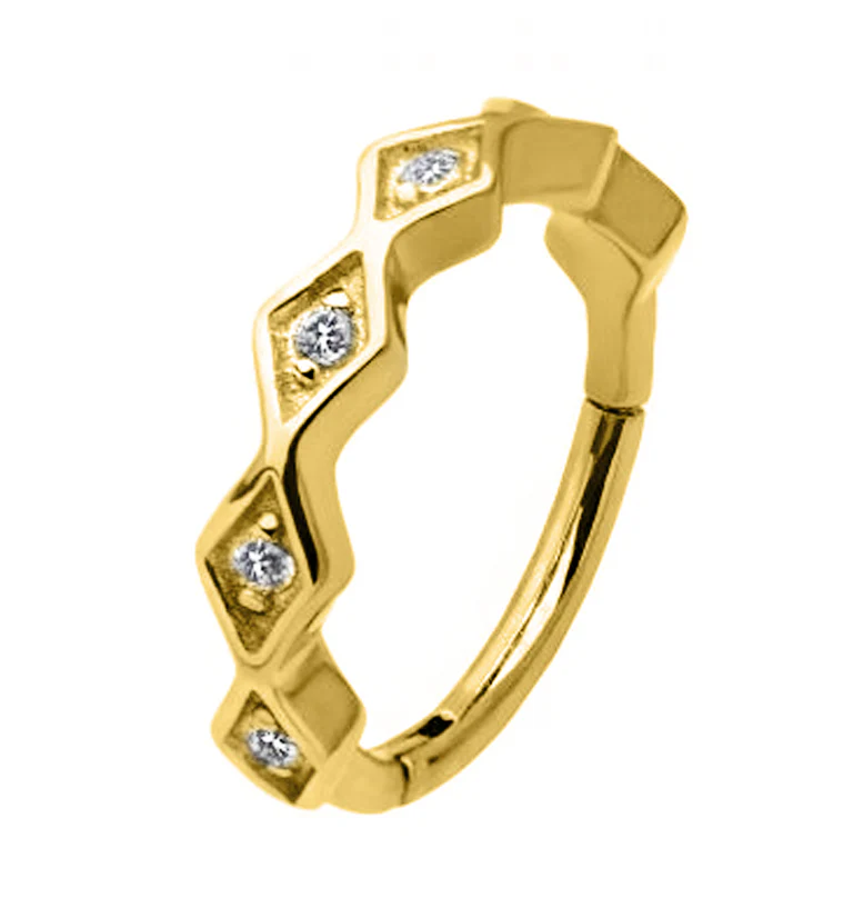 Gold PVD Diamond Shaped Clear CZ Hinged Segment Ring - Mrs Treak