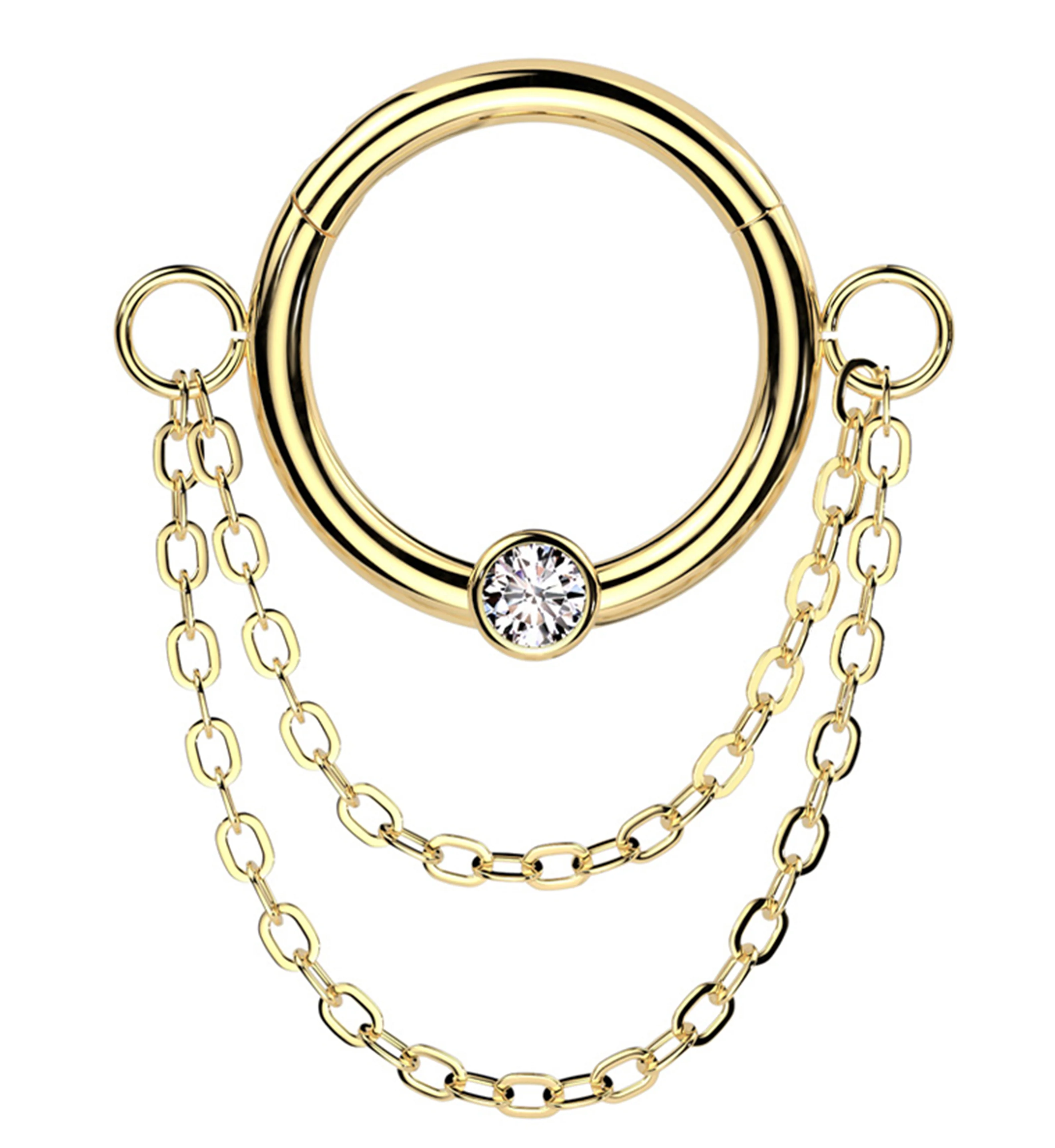 Gold PVD Double Dangle Chain Clear CZ Stainless Steel Hinged Segment Ring - Mrs Treak