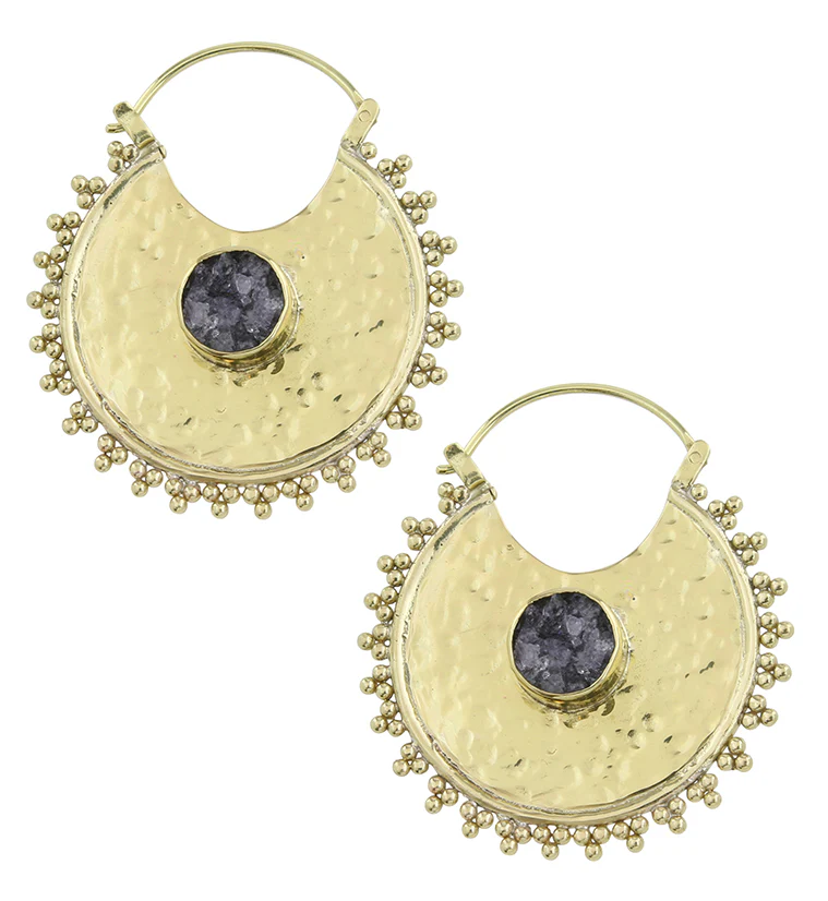 Hammered Beaded Druzy Amethyst Stone Inlay Brass Hangers - Mrs Treak