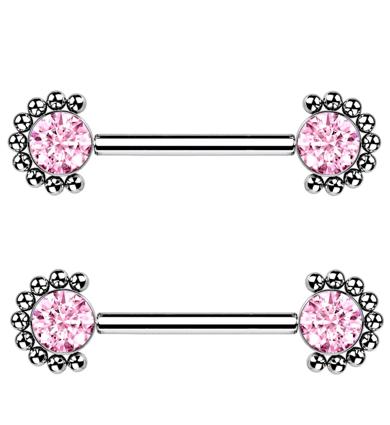 14G Encirc Double Pink CZ Threadless Titanium Nipple Ring Barbell - Mrs Treak