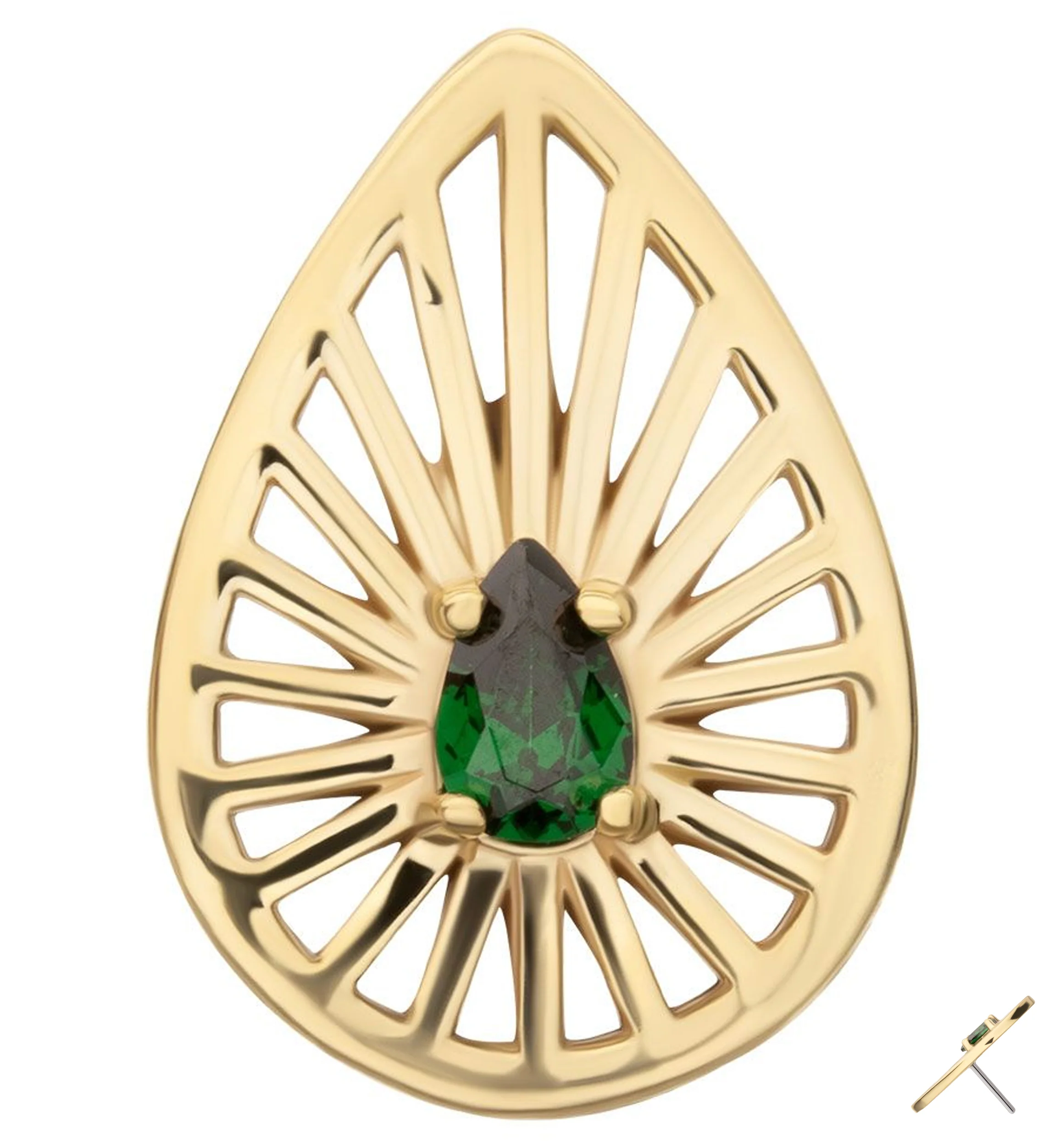 14kt Gold Empire Teardrop Emerald CZ Threadless Top - Mrs Treak