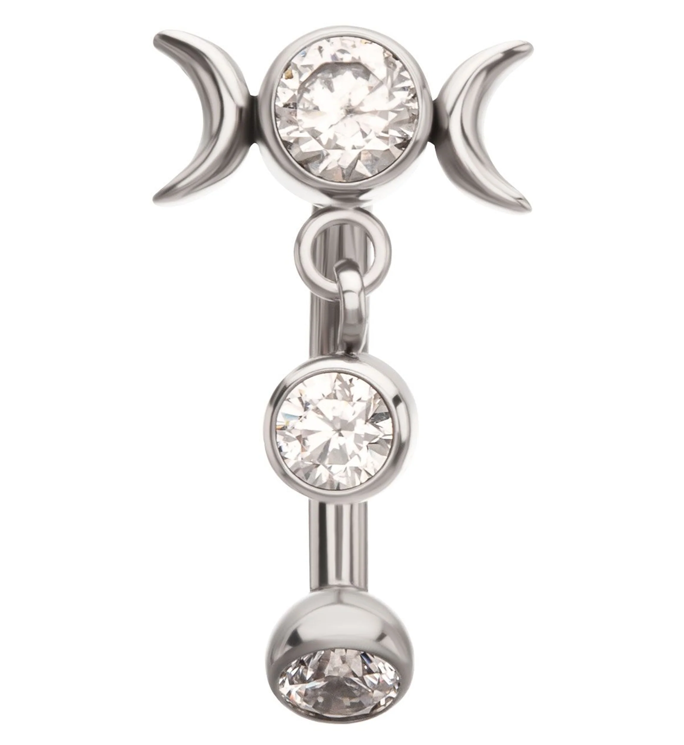 Moon Phase Floating Clear CZ Dangle Titanium Internally Threaded Curved Barbell - Mrs Treak