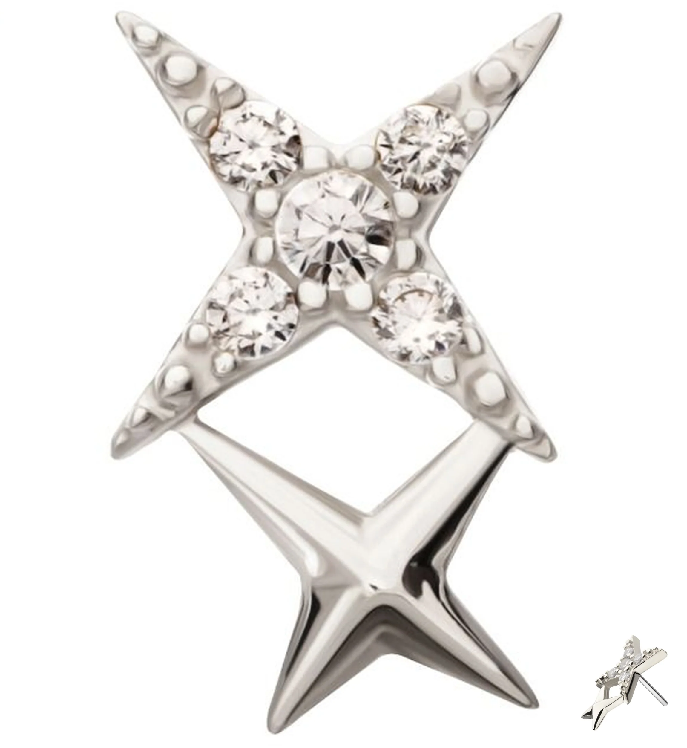14kt White Gold Double Four Point Star Clear CZ Threadless Top - Mrs Treak