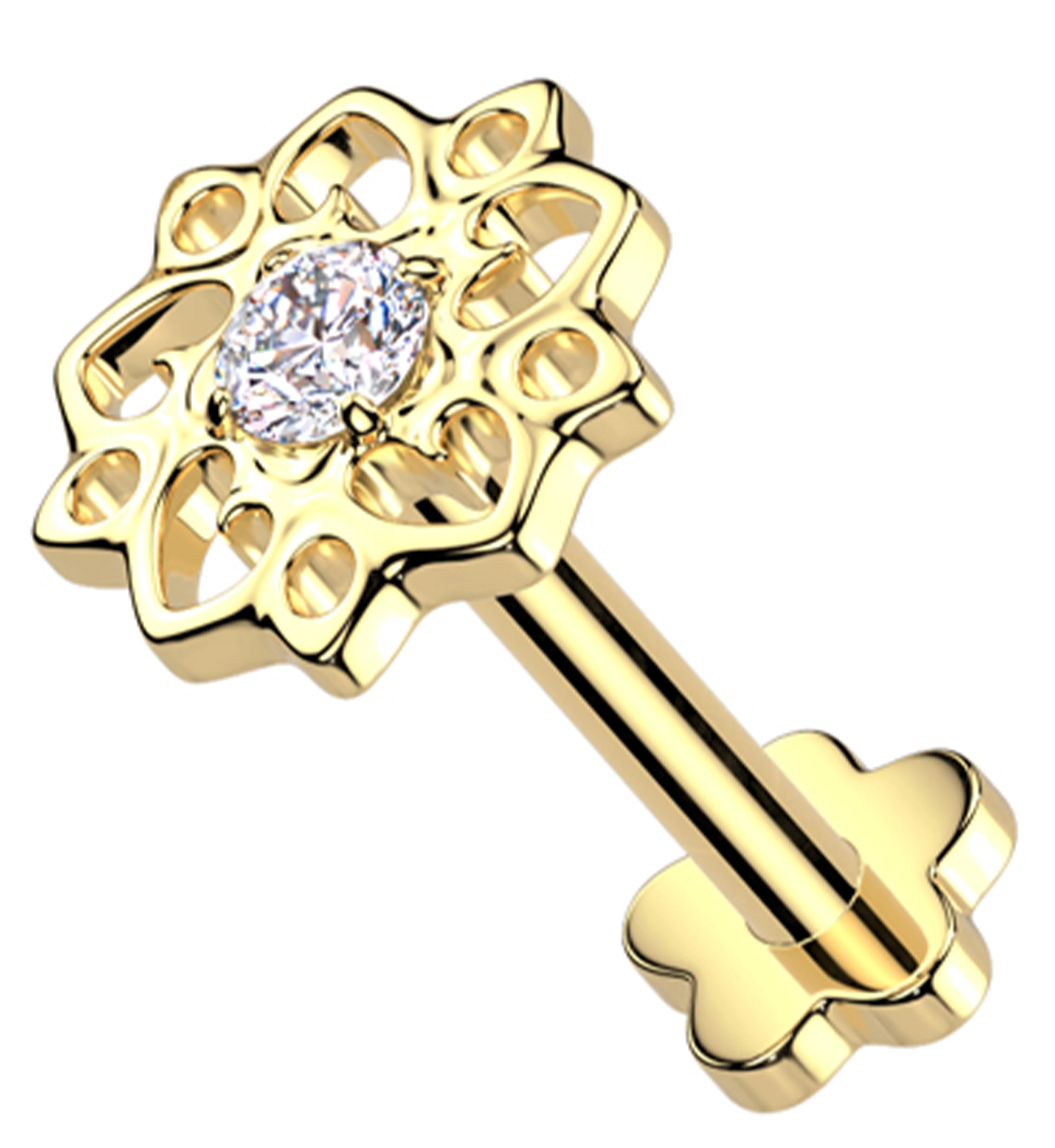 Gold PVD Flower Urge Clear CZ Threadless Titanium Flower Back Labret - Mrs Treak