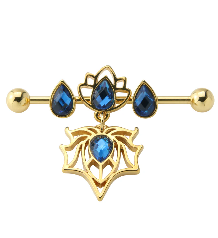 Gold PVD Lotus Spider Blue CZ Industrial Barbell - Mrs Treak