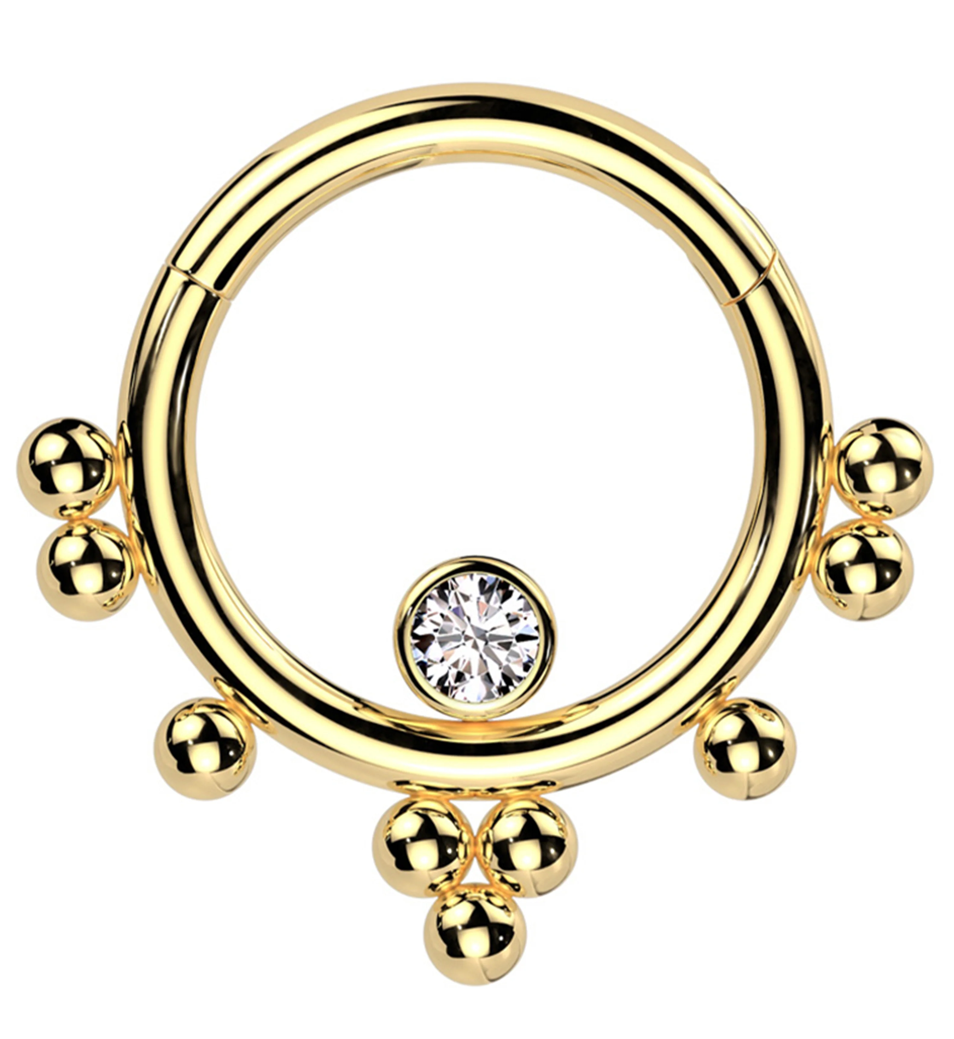 Gold PVD Beaded Cluster Clear CZ Stainless Steel Hinged Segment Ring - Mrs Treak