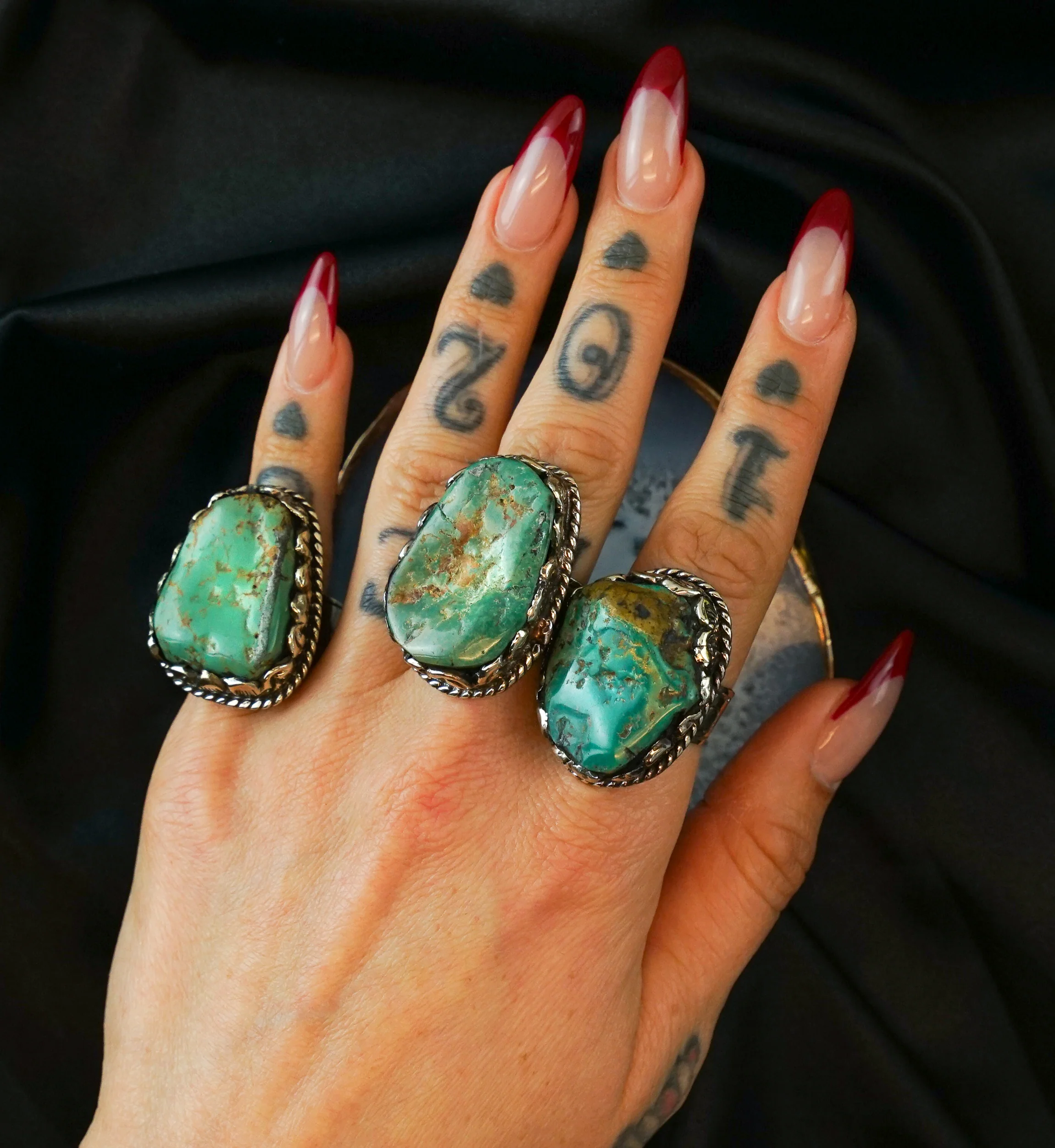 Ornate Turquoise Stone White Brass Ring - Mrs Treak