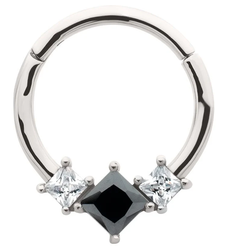 Triple Square Black And Clear CZ Stainless Steel Hinged Segment Ring - Mrs Treak