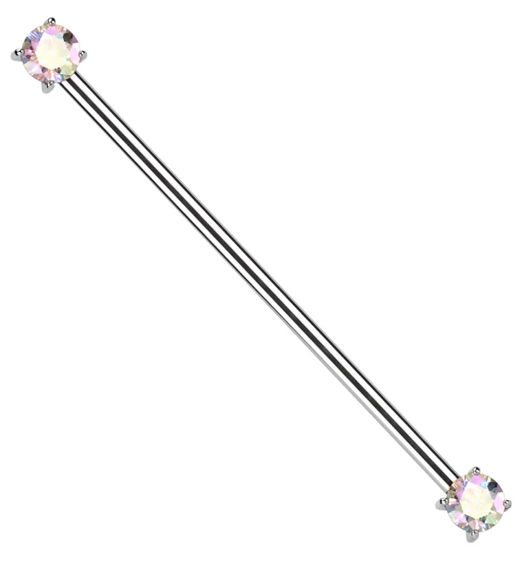 Prong Rainbow Aurora CZ Threadless Titanium Industrial Barbell - Mrs Treak