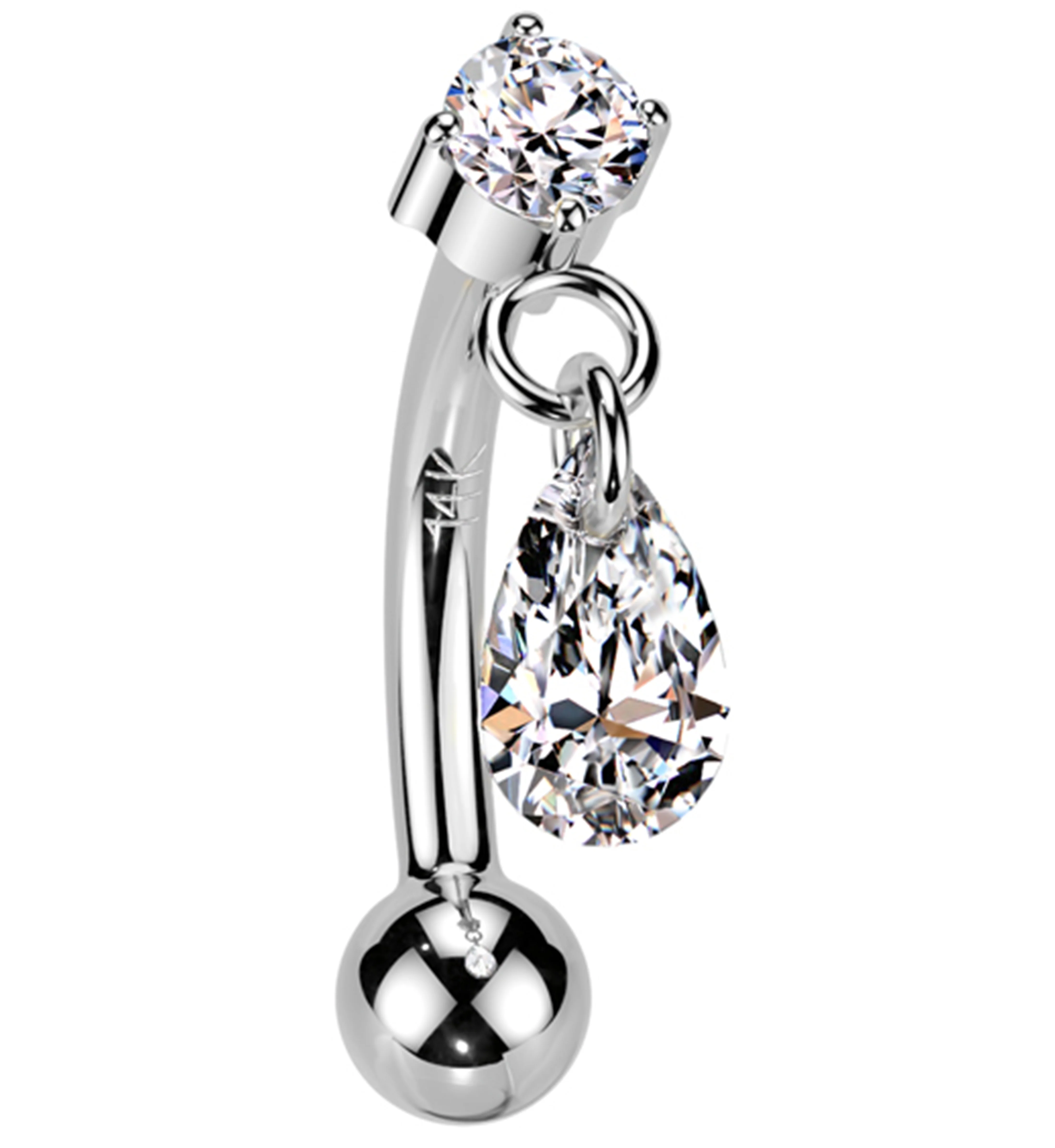 14kt White Gold Teardrop Dangle Clear CZ Threadless Curved Barbell - Mrs Treak