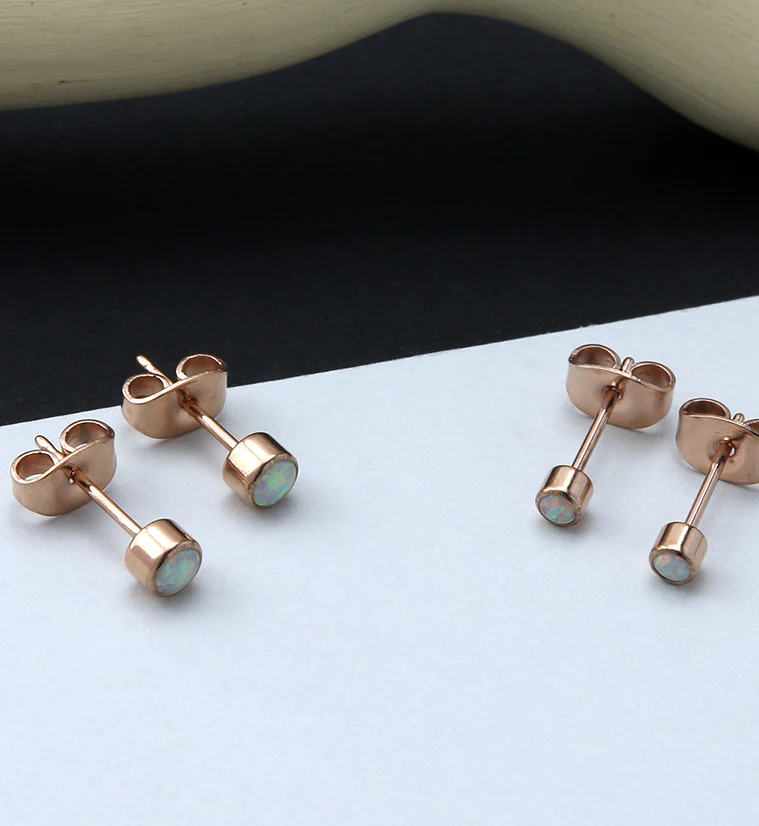 Rose Gold PVD White Opal Titanium Bezel Earrings - Mrs Treak