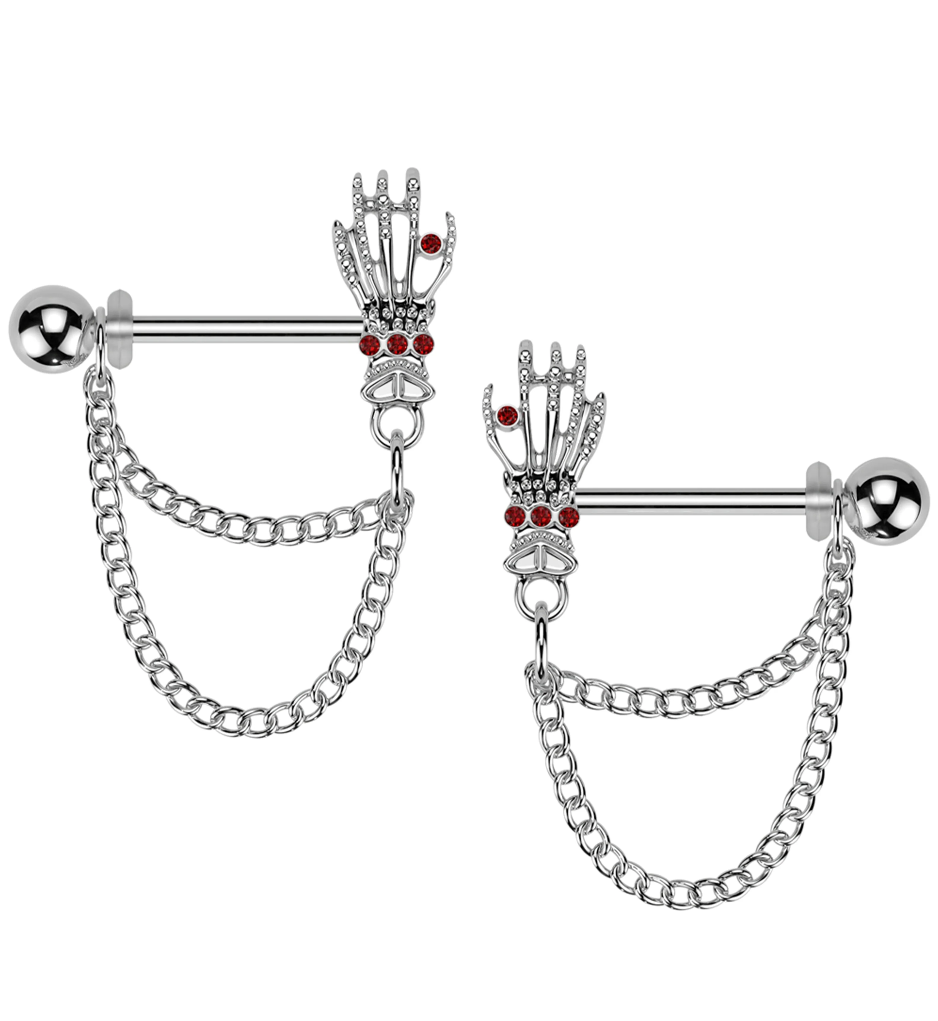 Skeleton Hand Red CZ Dangle Chain Stainless Steel Nipple Barbell - Mrs Treak