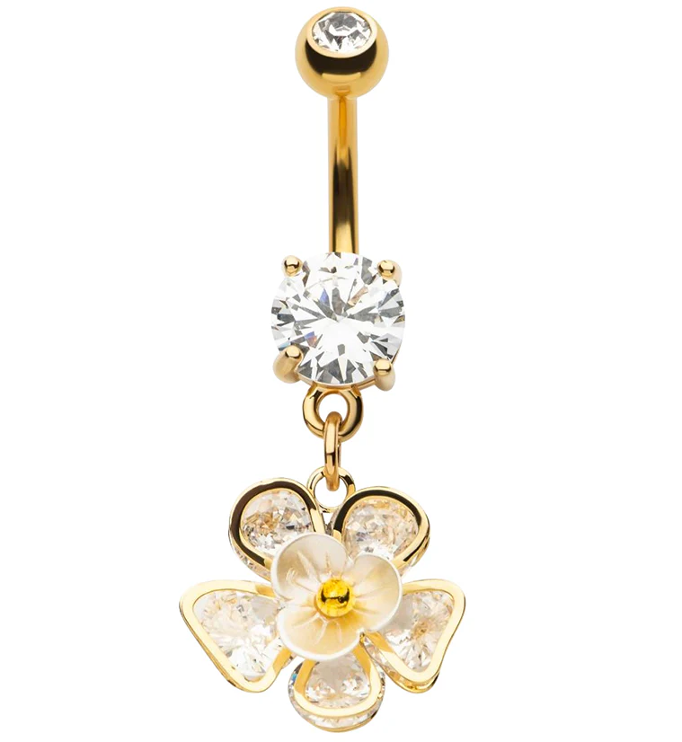 Gold PVD Flower Petals Clear CZ Dangle Belly Button Ring - Mrs Treak
