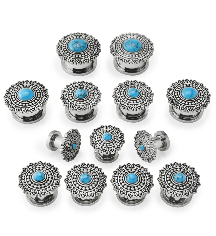 Florid Howlite Turquoise Stainless Steel Plugs - Mrs Treak