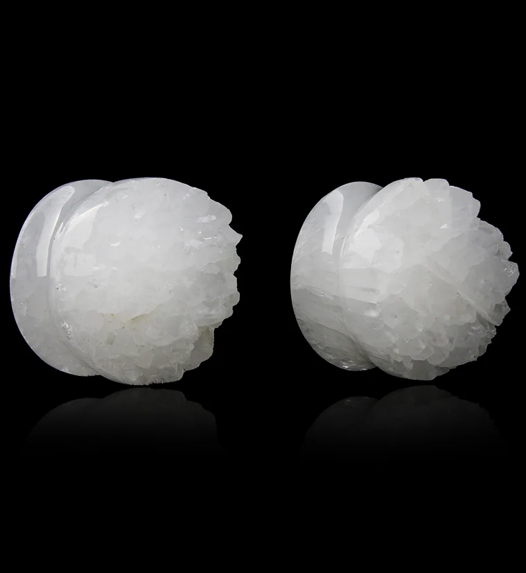Raw White Agate Druzy Stone Plugs - Mrs Treak