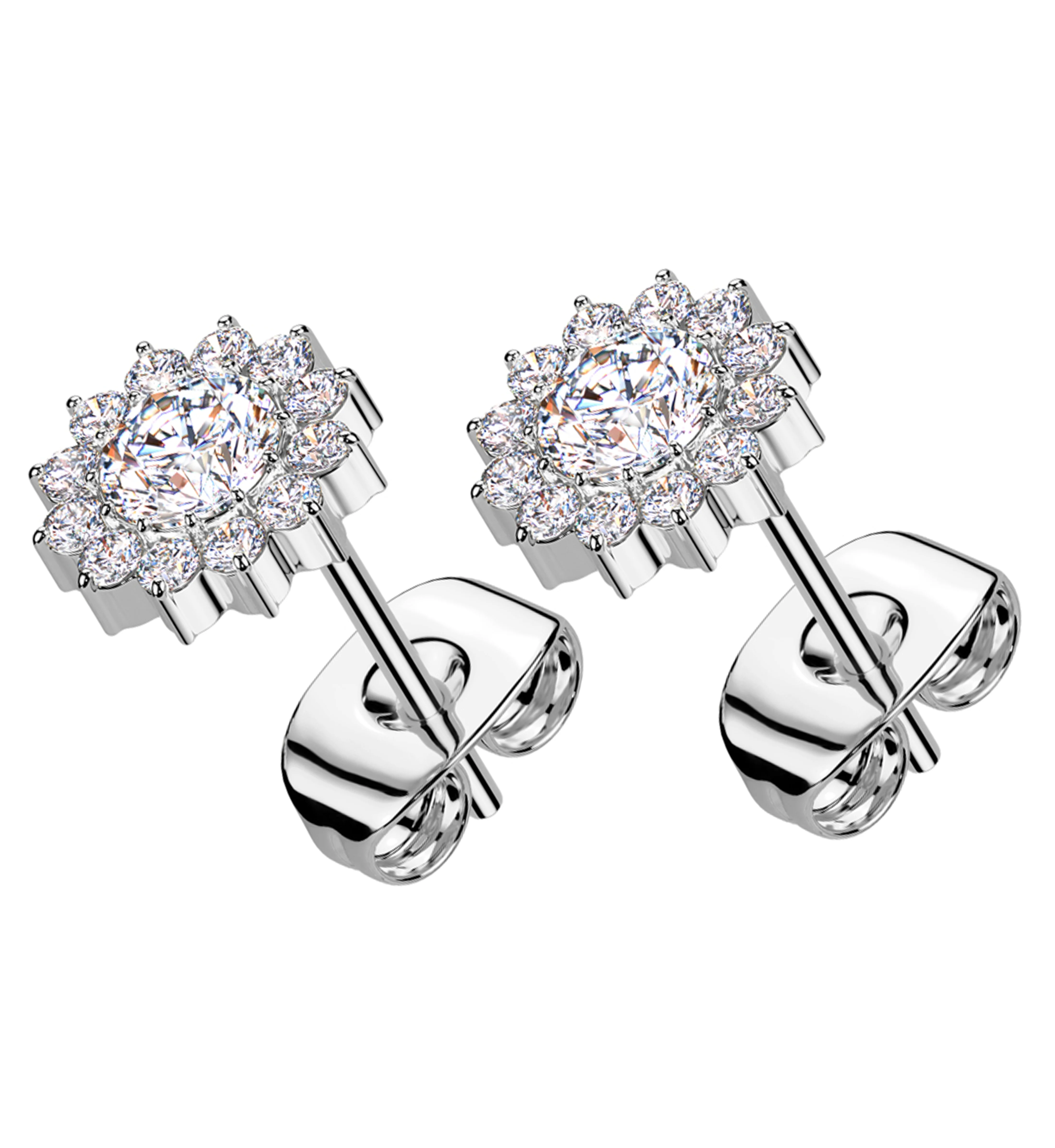 Spherical Flower Clear CZ Titanium Stud Earrings - Mrs Treak
