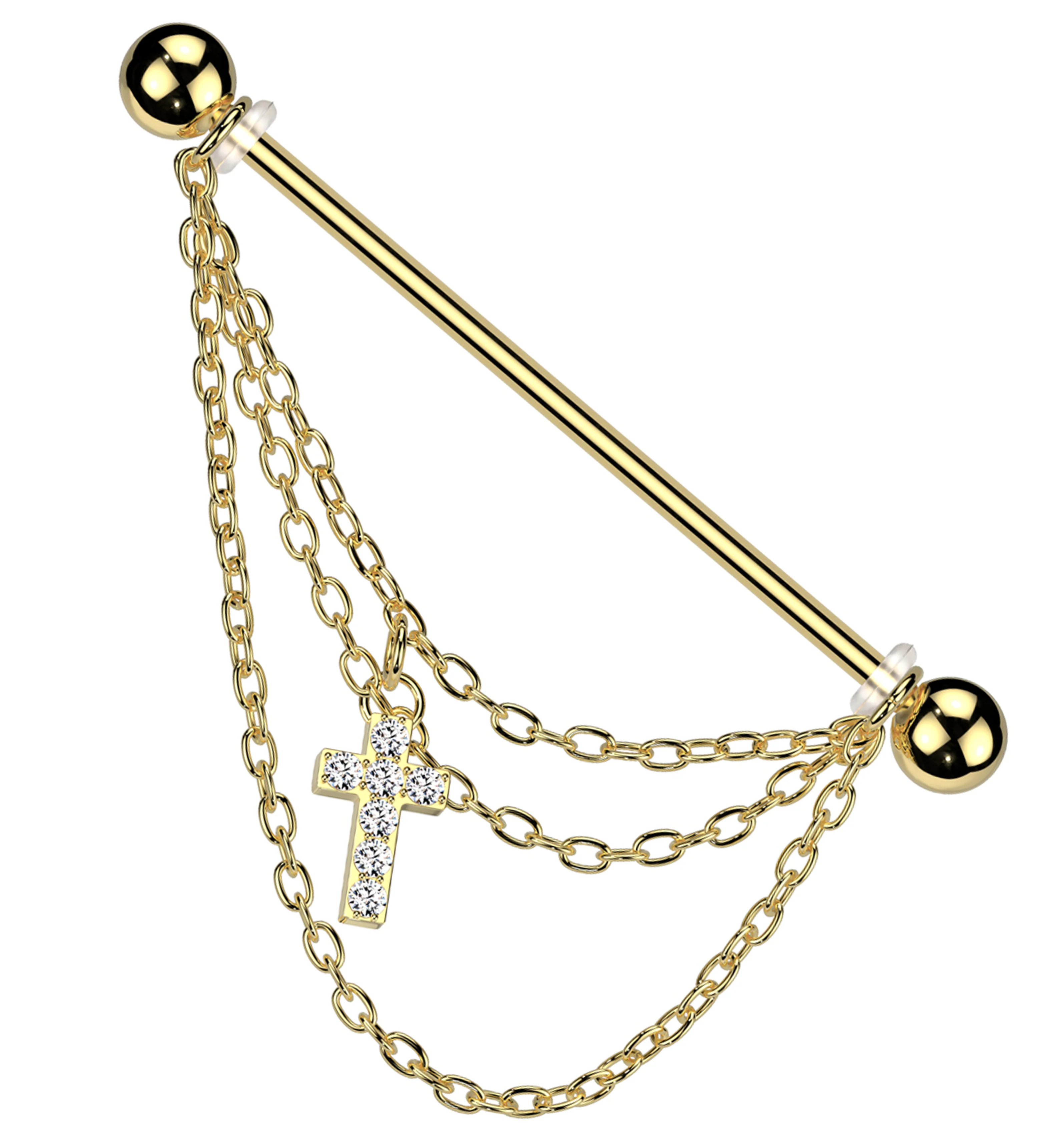 Gold PVD Cross Triple Chain Clear CZ Stainless Steel Industrial Barbell - Mrs Treak