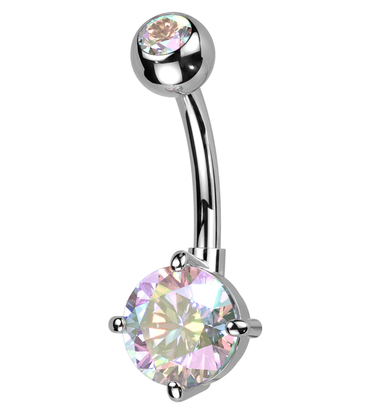 Prong Rainbow Aurora CZ Titanium Belly Button Ring - Mrs Treak