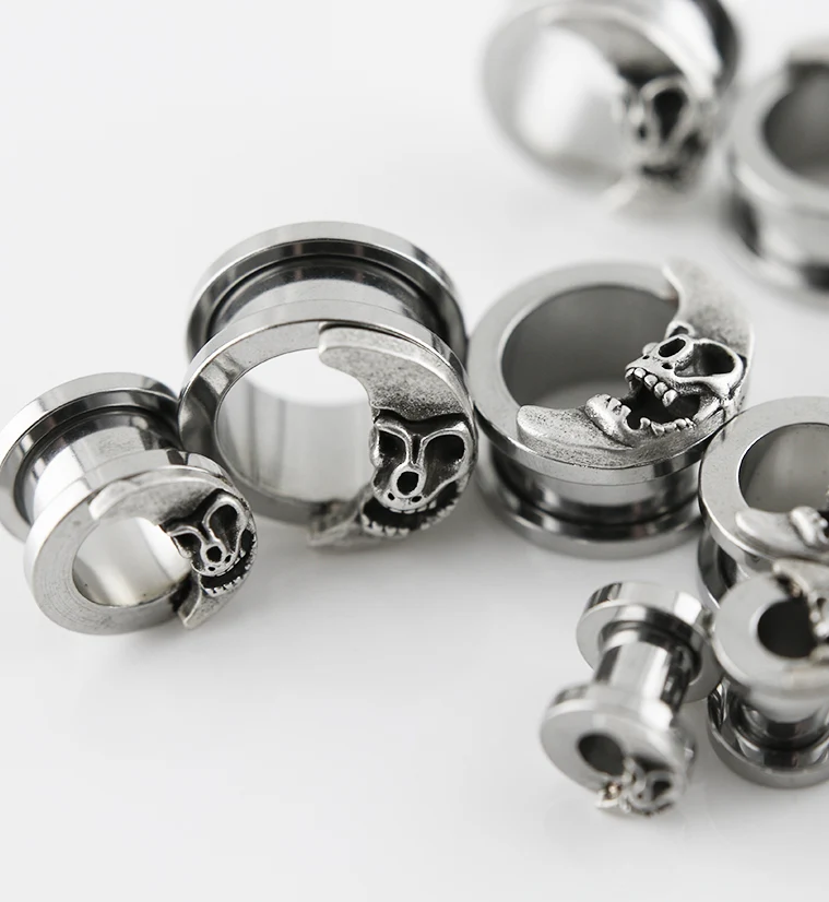 Crescent Moon Skull Stainless Steel Tunnels - Mrs Treak