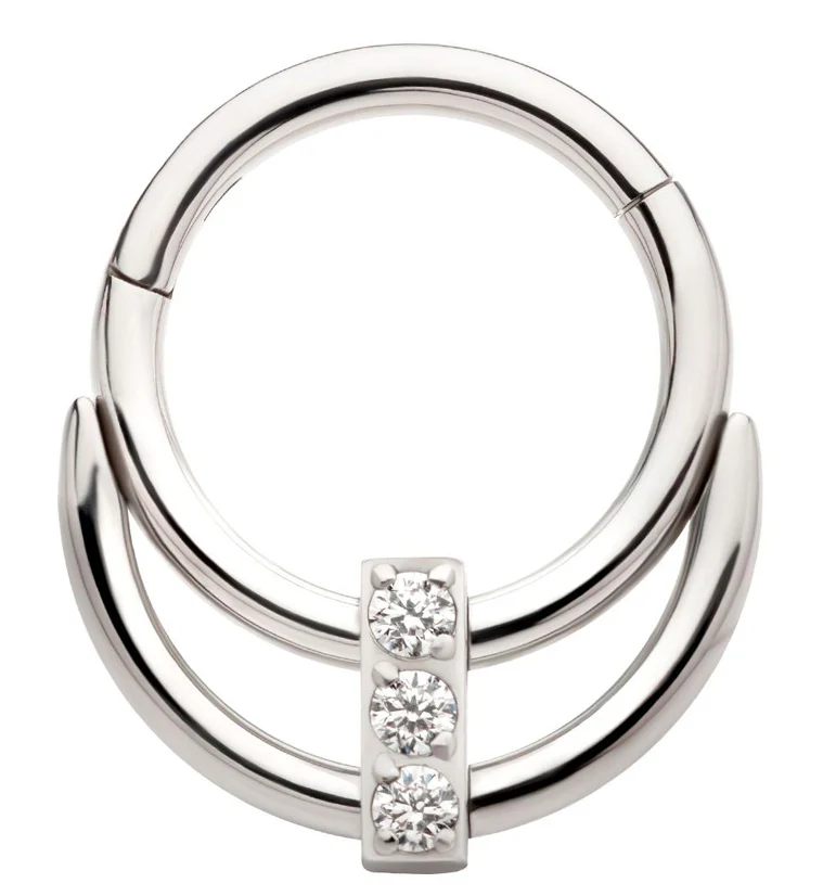 Double Hoop Triple Clear CZ Bar Stainless Steel Hinged Segment Ring - Mrs Treak
