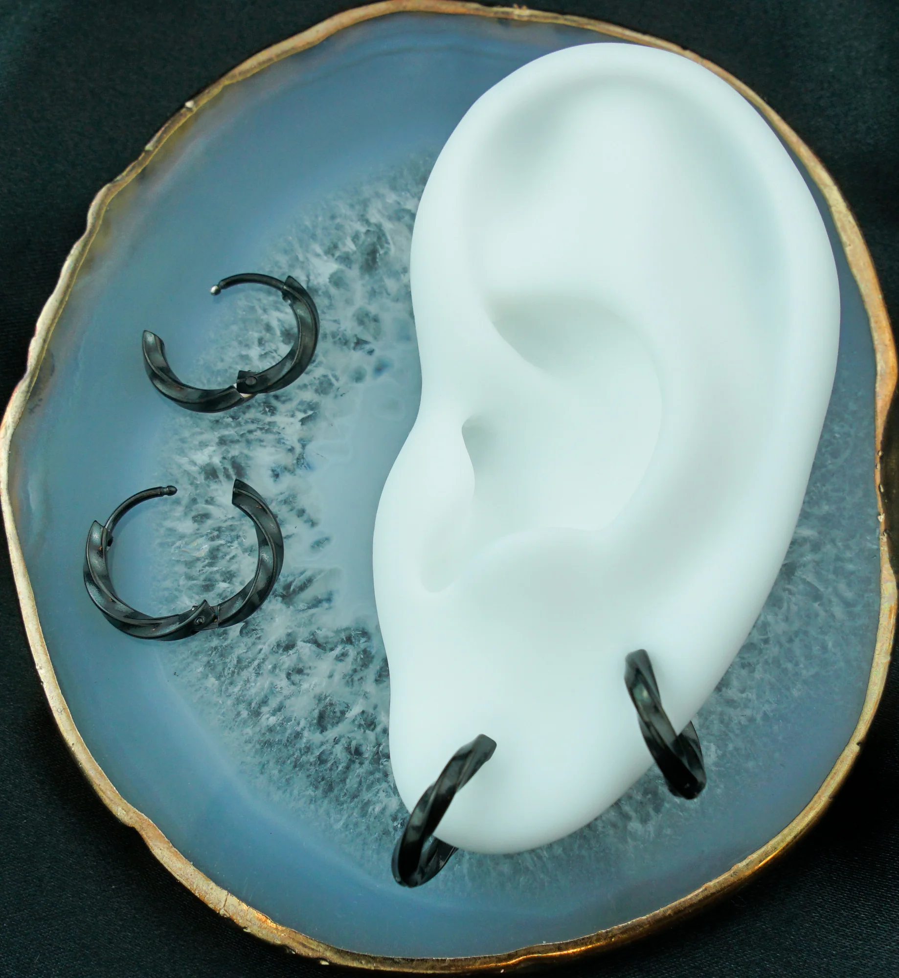 Black PVD Twisted Hoop Stainless Steel Hinged Earrings - Mrs Treak