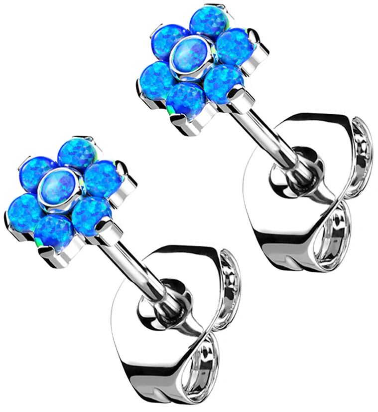 Flower Blue Opalite Titanium Threadless Earrings - Mrs Treak