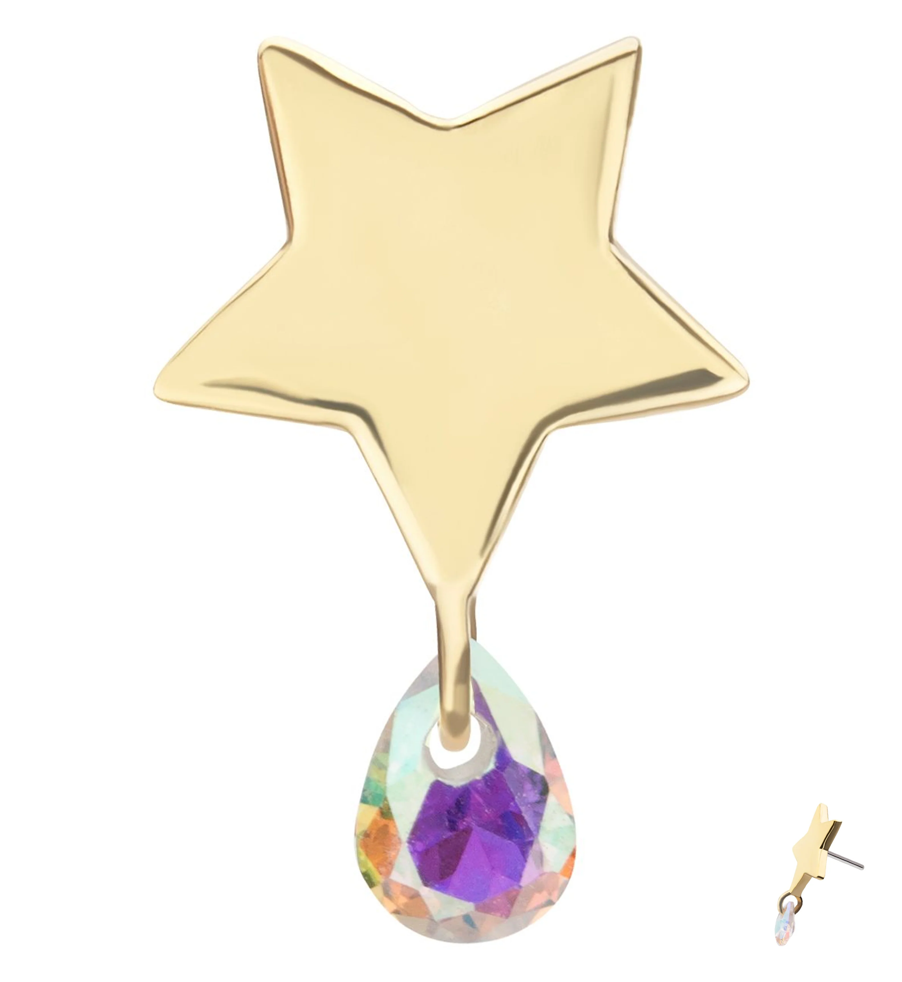 14kt Gold Star Rainbow Aurora Teardrop CZ Dangle Threadless Top - Mrs Treak