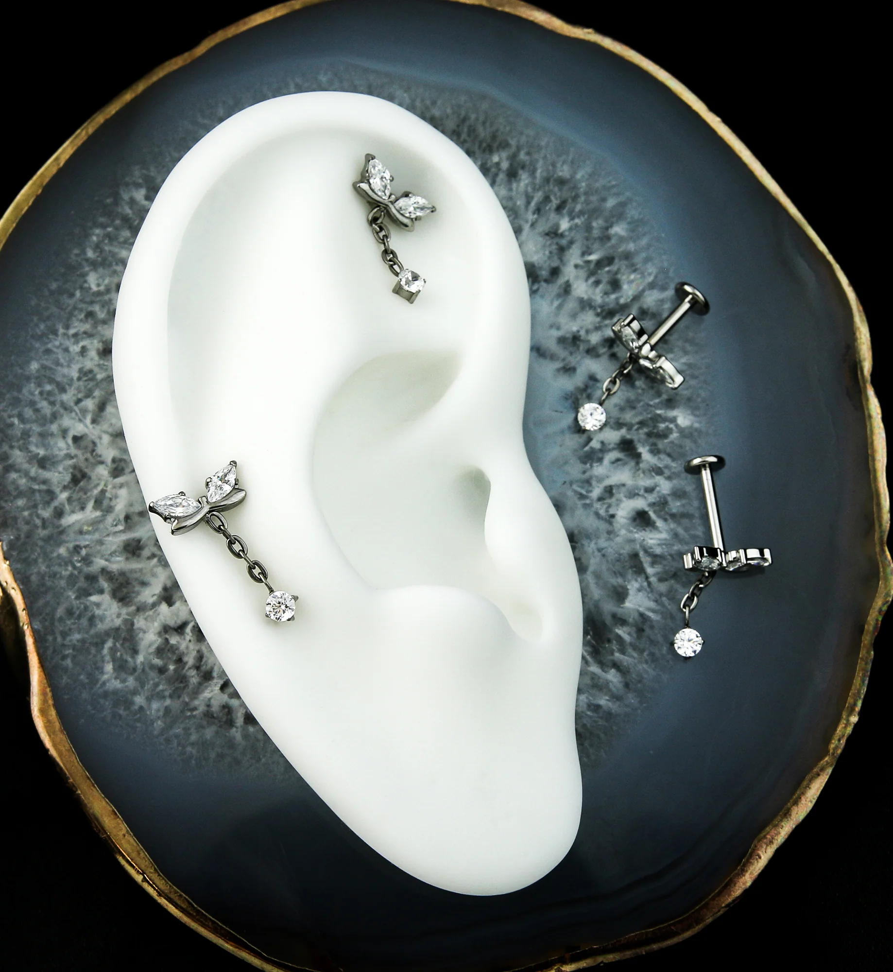 Marquise Bow Clear CZ Dangle Internally Threaded Titanium Labret Post - Mrs Treak