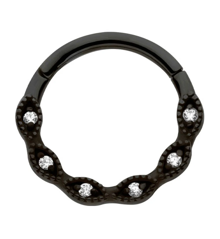 Black PVD Twist Beaded Clear CZ Stainless Steel Hinged Segment Ring - Mrs Treak