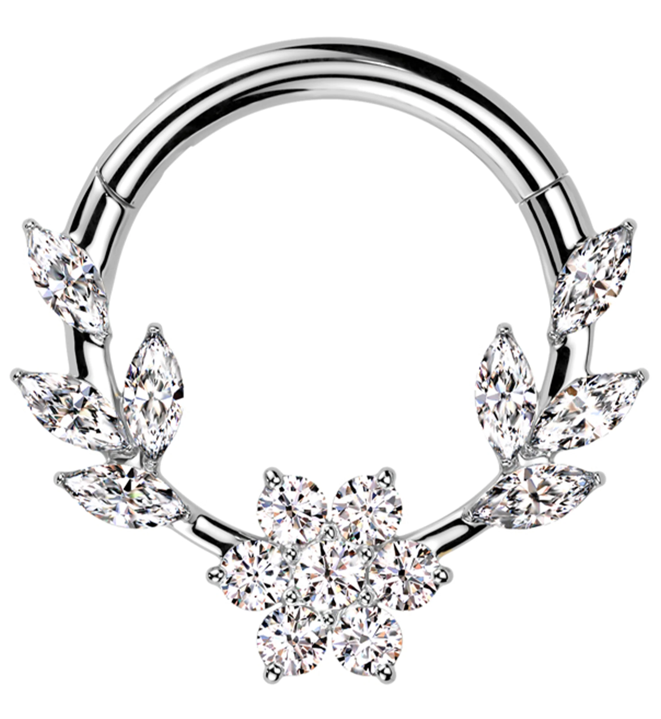 Laurel Flower Clear CZ Stainless Steel Hinged Segment Ring - Mrs Treak