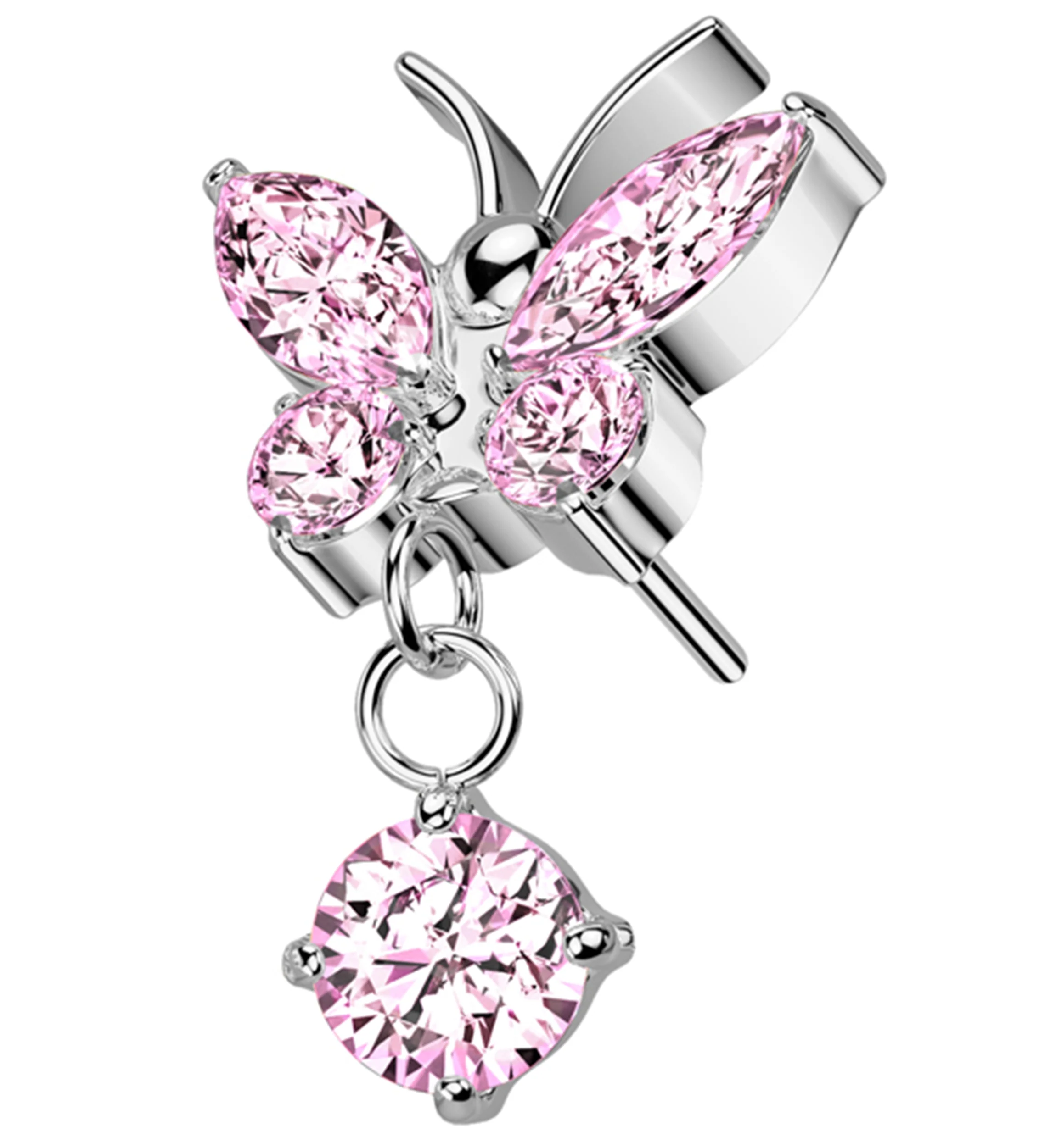 Butterfly Pink CZ Dangle Titanium Threadless Top - Mrs Treak