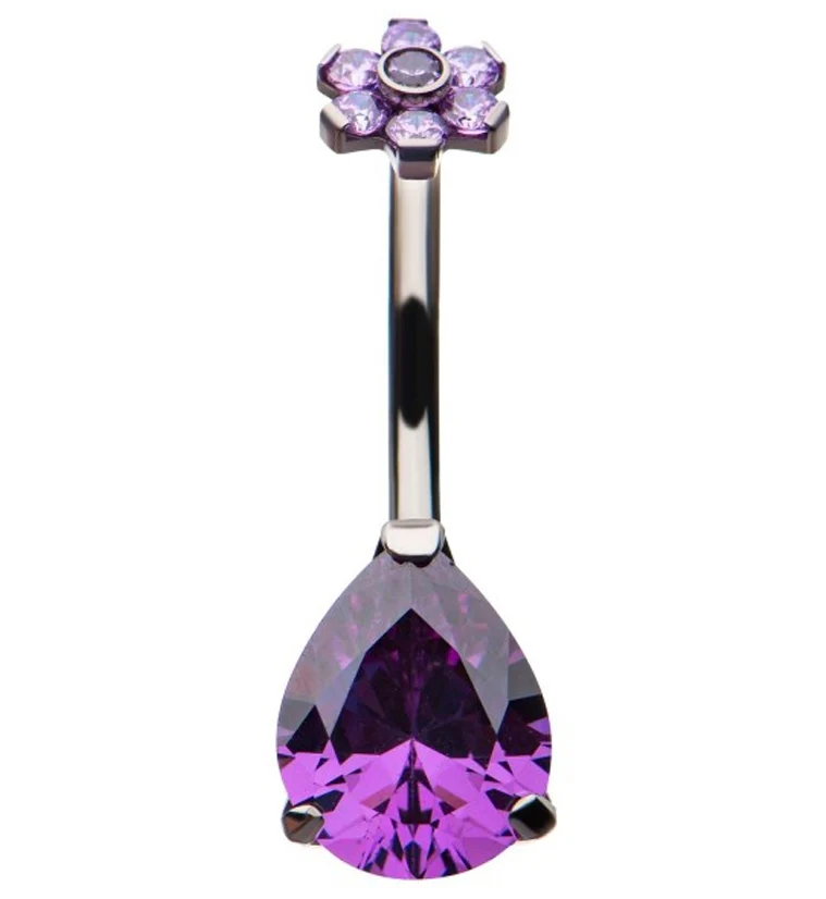 Purple Teardrop CZ Flower Titanium Belly Button Ring - Mrs Treak
