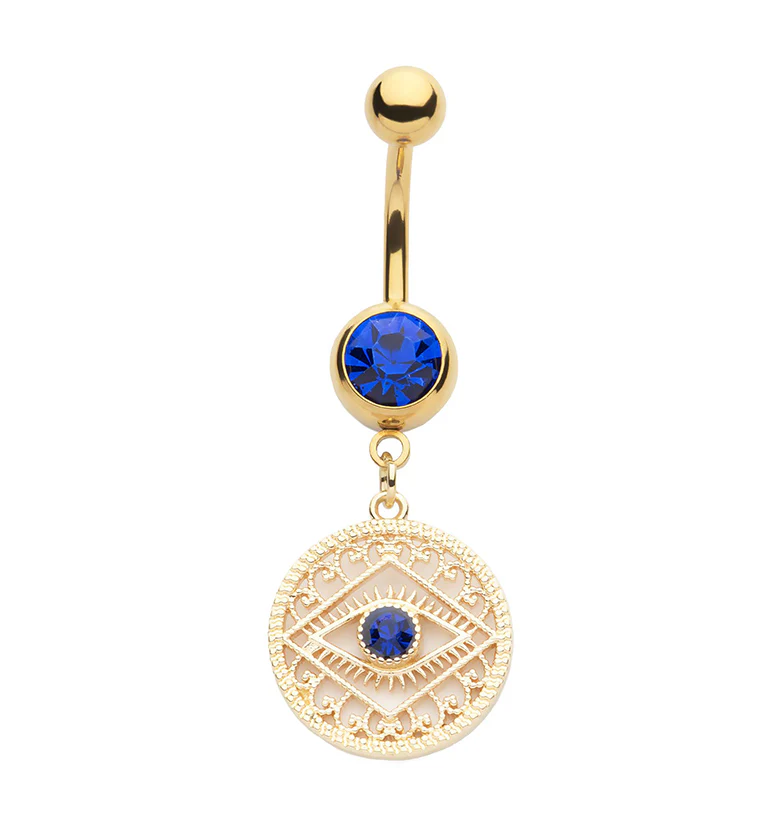 Gold PVD Evil Eye Blue CZ Stainless Steel Belly Button Ring - Mrs Treak