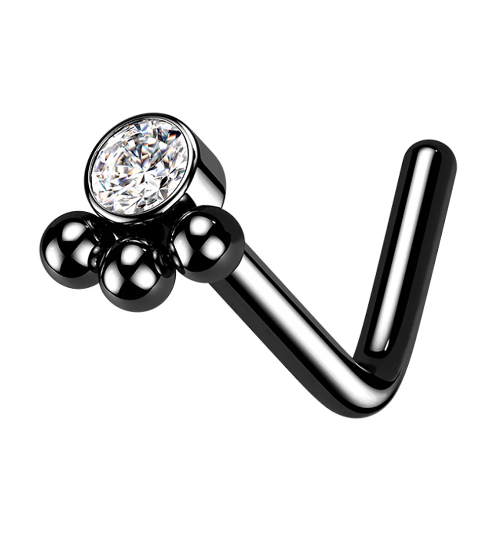 Black PVD Triple Beaded Clear CZ L Bend Nose Stud - Mrs Treak