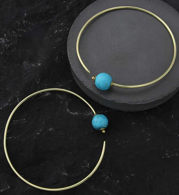 Howlite Turquoise Stone Orb Brass Hangers / Plug Hoops - Mrs Treak