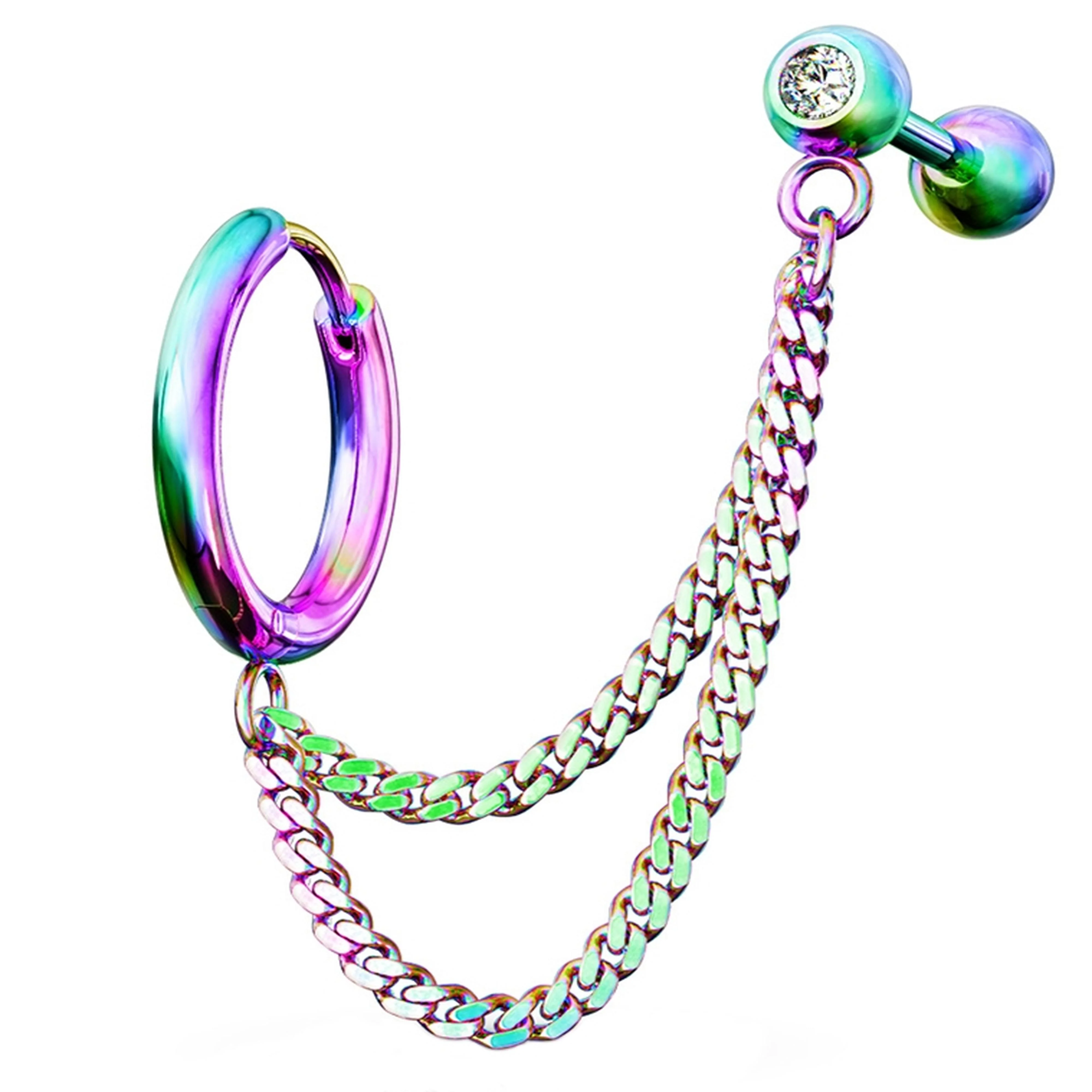 Rainbow PVD Double Linked Hinged Hoop Ring & CZ Cartilage Barbell - Mrs Treak