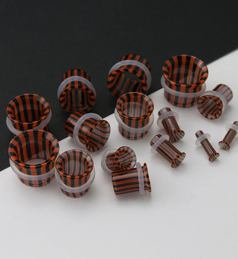 Tiger Stripe Glass Tunnel Plugs - Single Flare - Mrs Treak