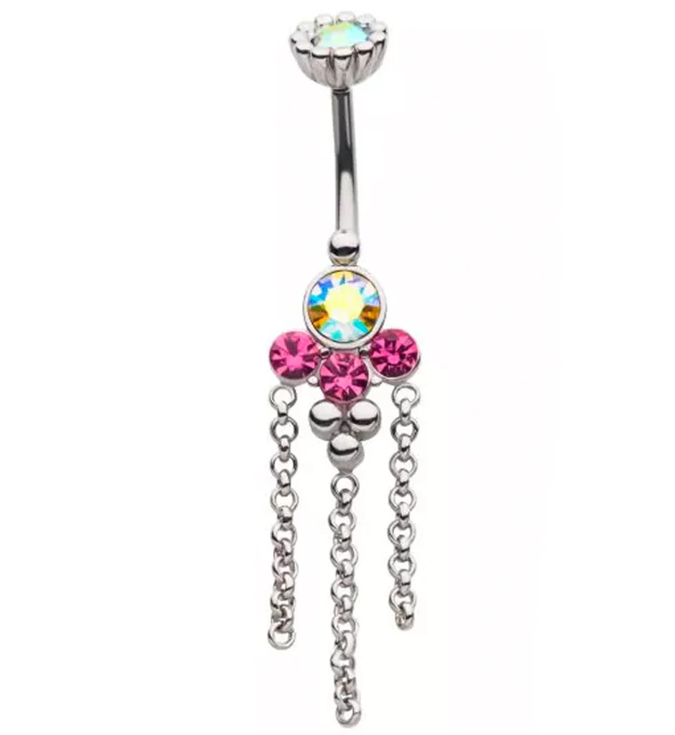 Pink and Rainbow Aurora CZ Array Dangle Chain Belly Button Ring - Mrs Treak