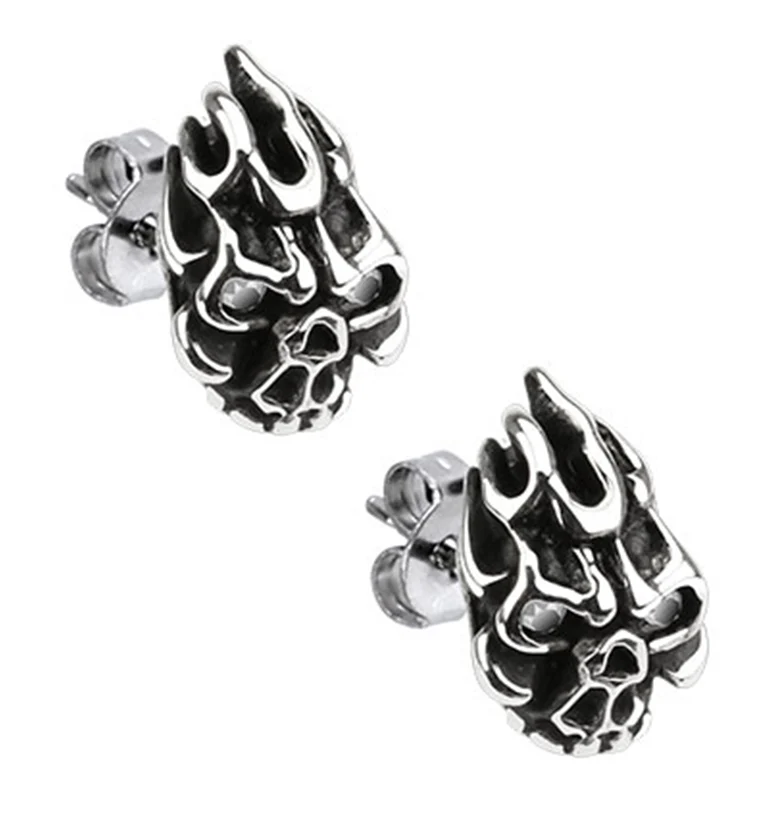 Flaming Demon Clear CZ Stainless Steel Stud Earrings - Mrs Treak