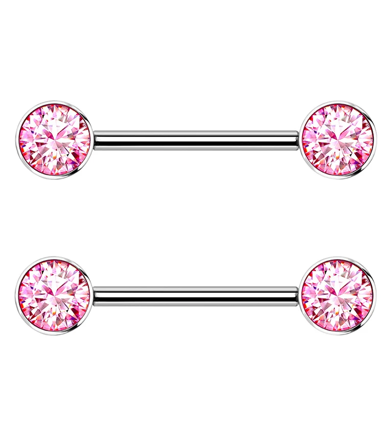 14G Double Pink CZ Titanium Nipple Ring Barbell - Mrs Treak
