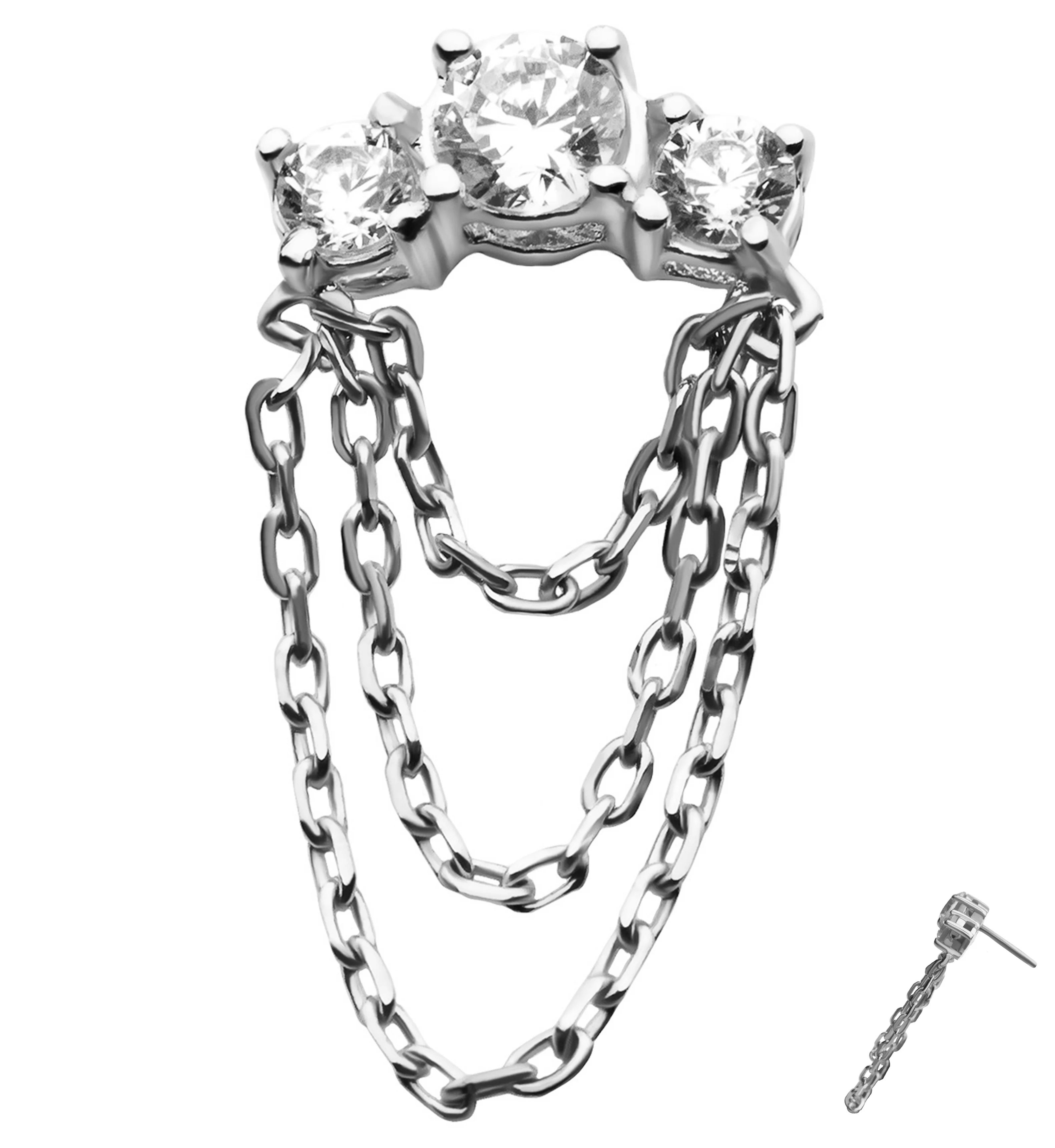 14kt White Gold Triple Clear CZ Arch Dangle Chain Threadless Top - Mrs Treak